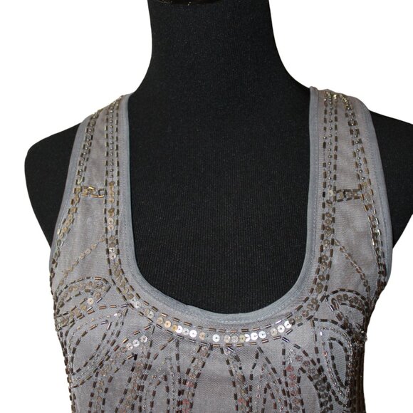 ANGIE Silver Beaded Mini Dress Stunning Gray Swing Gatsby S Small HOLIDAY PARTY - Picture 7 of 13